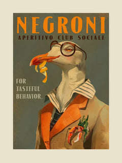 Poster eines stilvoll gekleideten Vogels mit Brille und Anzug, Text "Negroni Aperitivo Club Sociale".