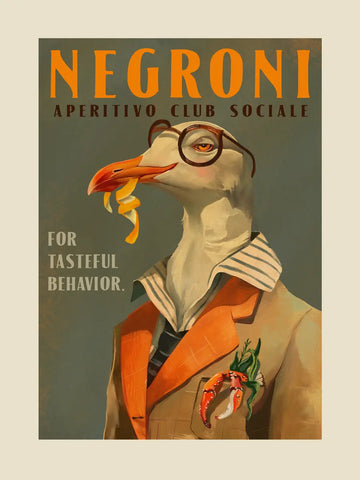 Poster eines stilvoll gekleideten Vogels mit Brille und Anzug, Text "Negroni Aperitivo Club Sociale".
