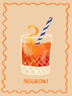 Illustration eines Negroni-Cocktails mit orangefarbener Garnitur und blau-weiß gestreiftem Strohhalm auf beigem Hintergrund.