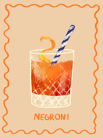 Illustration eines Negroni-Cocktails mit orangefarbener Garnitur und blau-weiß gestreiftem Strohhalm auf beigem Hintergrund.