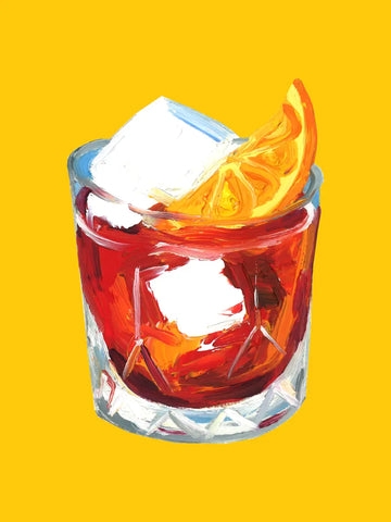 Illustration eines Negroni-Cocktails in Rot und Orange auf gelbem Hintergrund.
