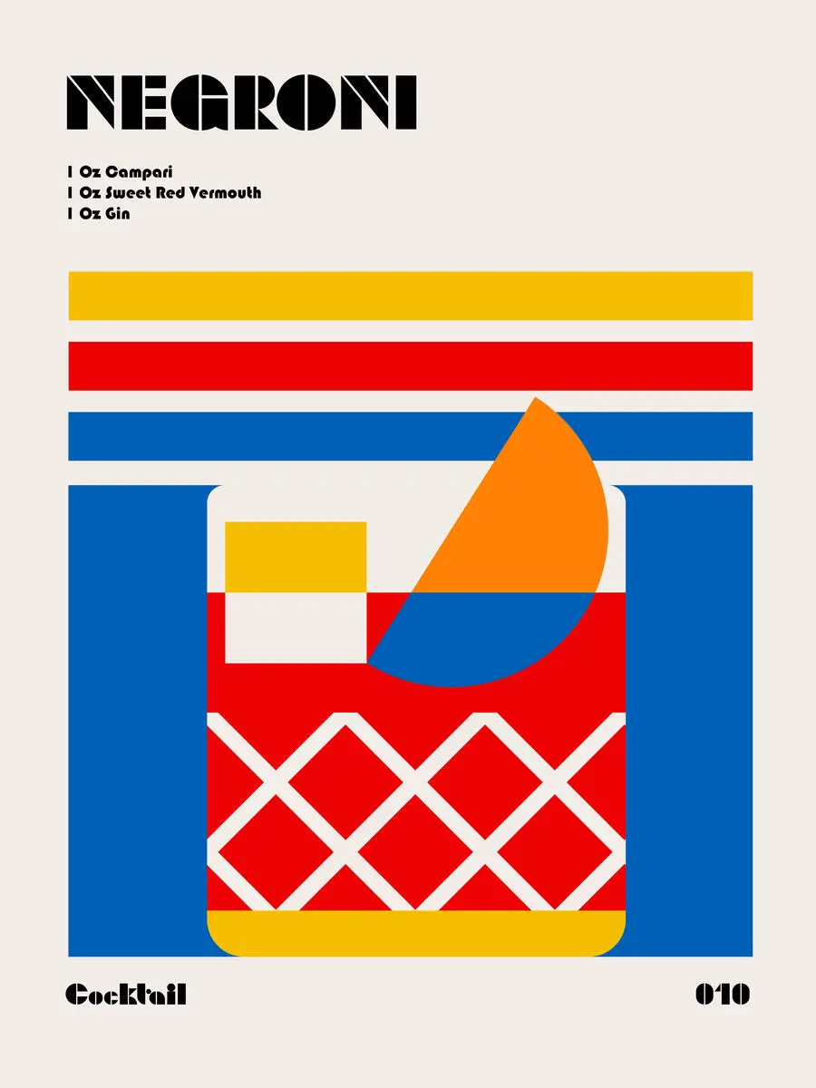 Grafisches Poster eines Negroni-Cocktails mit Zutatenliste in leuchtenden Farben.