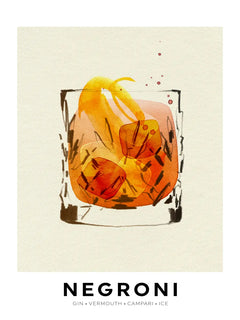 Illustration eines Negroni-Cocktails mit Gin, Wermut, Campari und Eis auf beigem Hintergrund.