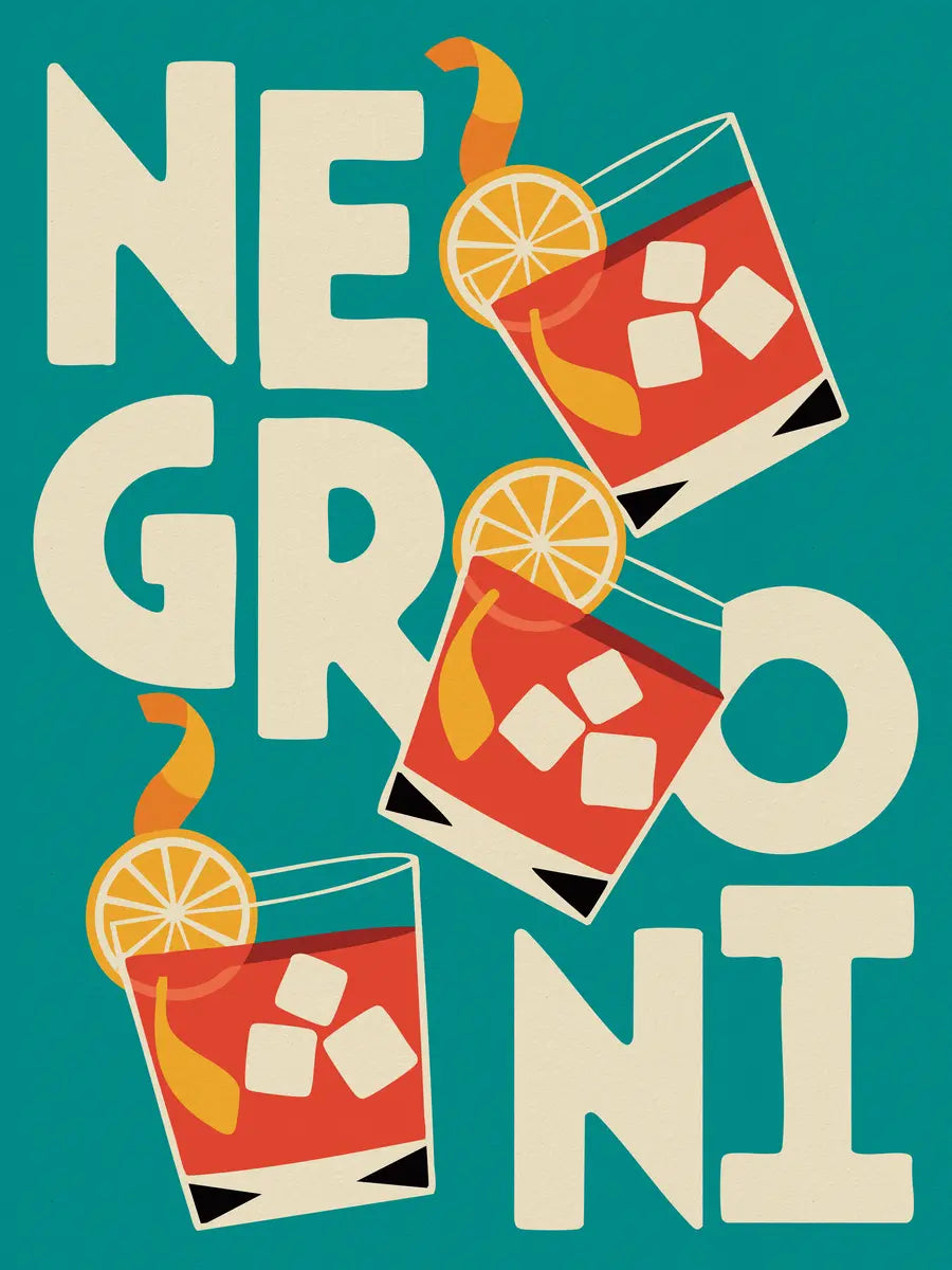 Illustration eines Negroni-Cocktails mit Eiswürfeln und Orangenschalen, umgeben von dem Wort "Negroni" auf türkisem Hintergrund.