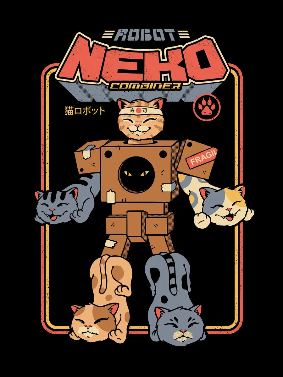 Illustration von fünf Katzen, die einen Roboter bilden, auf schwarzem Hintergrund.