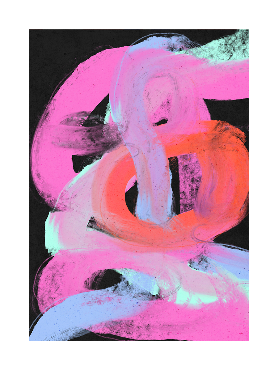 Abstrakte Pinselstriche in Pink, Orange, Pastellblau und Weiß auf schwarzem Hintergrund.