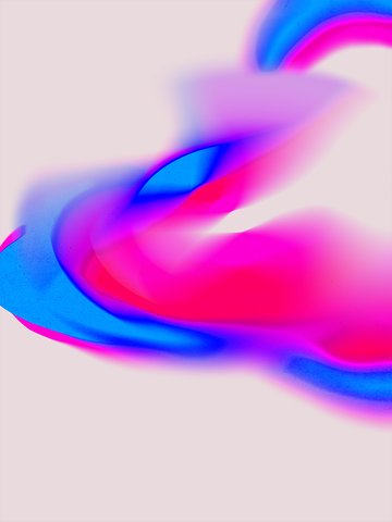 Abstrakte Kunst mit geschwungenen Formen in Neonpink und -blau auf hellrosa Hintergrund.