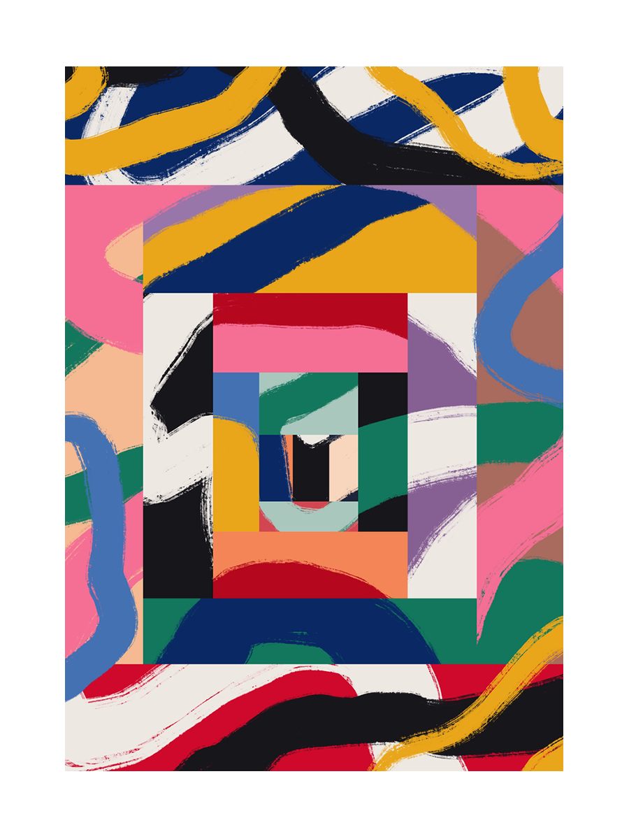 Abstrakte Darstellung von New York mit bunten, kühnen Linien in Blau, Gelb, Weiß, Rot, Rosa und Grün.