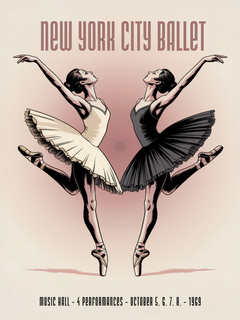 Poster von zwei Ballerinas in schwarz und weiß mit dem Text "New York City Ballet" und Aufführungsdetails.