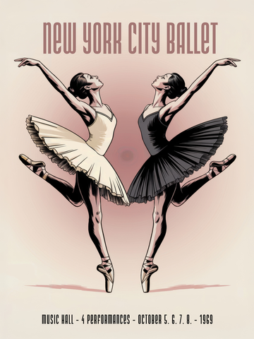Poster von zwei Ballerinas in schwarz und weiß mit dem Text "New York City Ballet" und Aufführungsdetails.