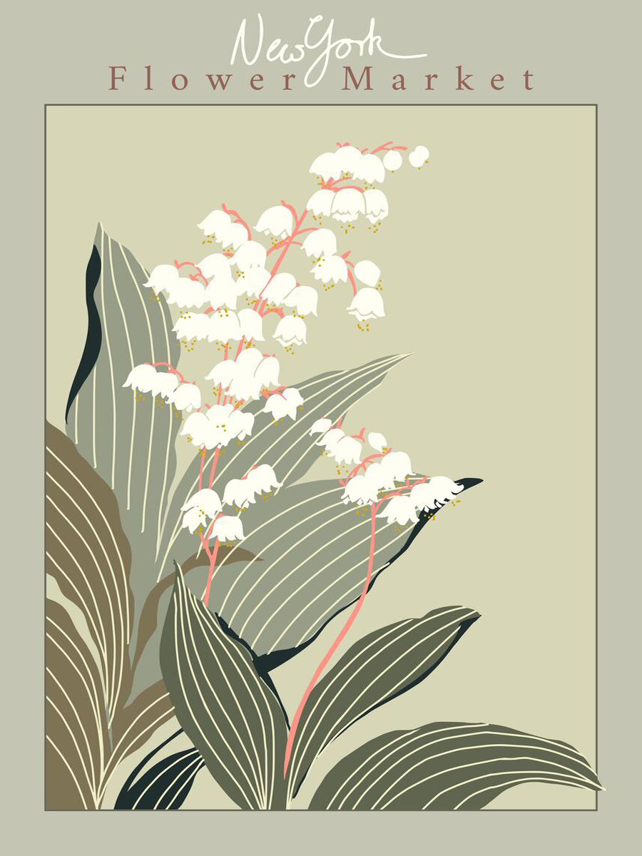 Illustration von Maiglöckchen mit großen Blättern in Grüntönen, betitelt "New York Flower Market".