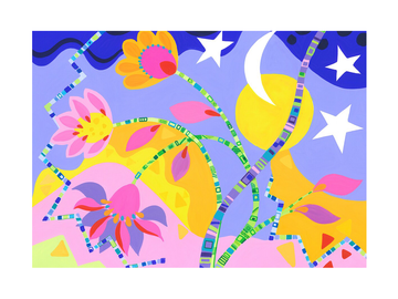 Ein Poster mit einem lila Nachthimmel, Mond, Sternen und bunten Blumen.