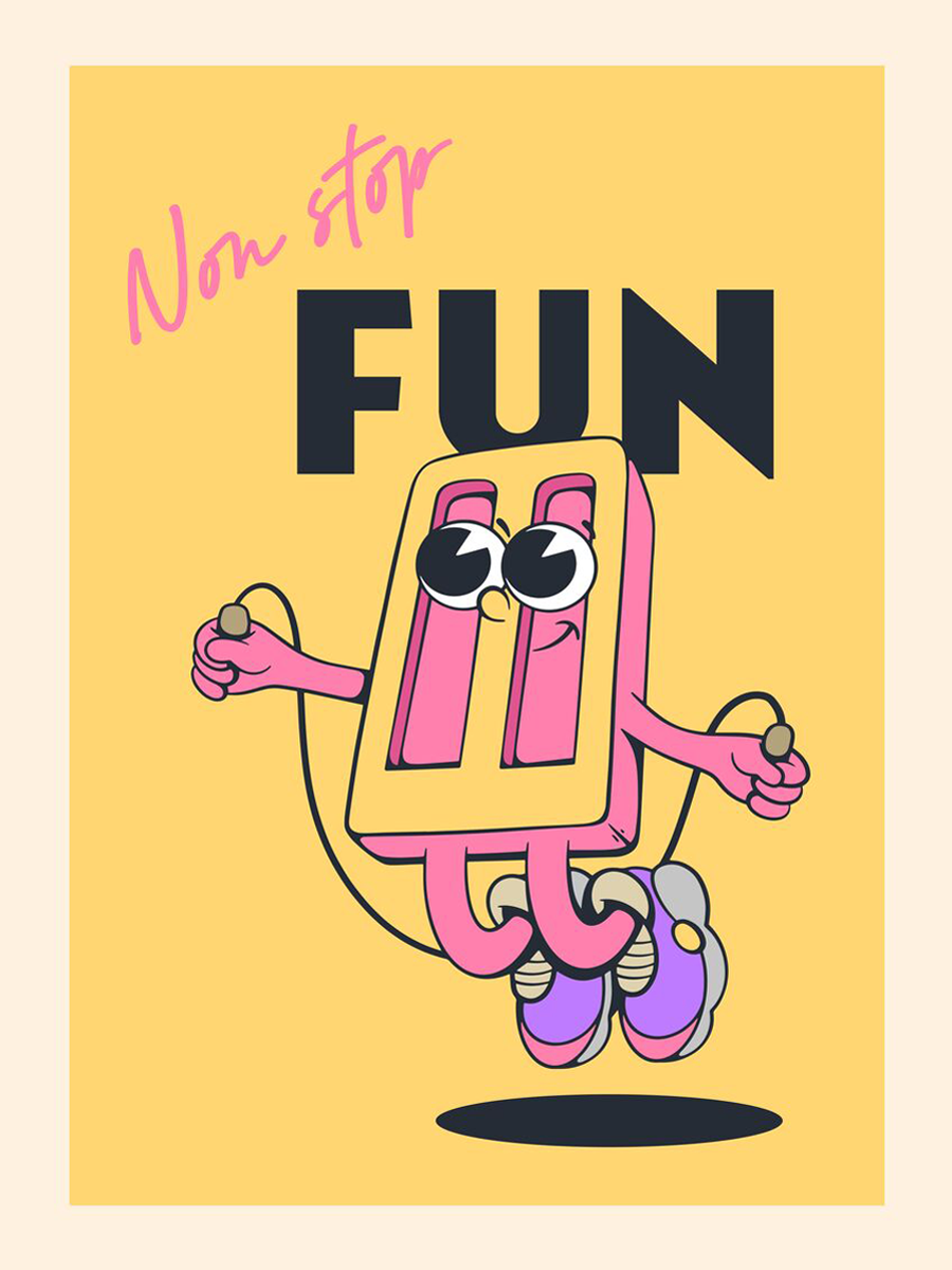 Illustration einer springenden, pinken Figur mit Springseil und dem Text "Non stop FUN" auf gelbem Hintergrund.
