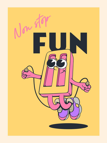 Illustration einer springenden, pinken Figur mit Springseil und dem Text "Non stop FUN" auf gelbem Hintergrund.