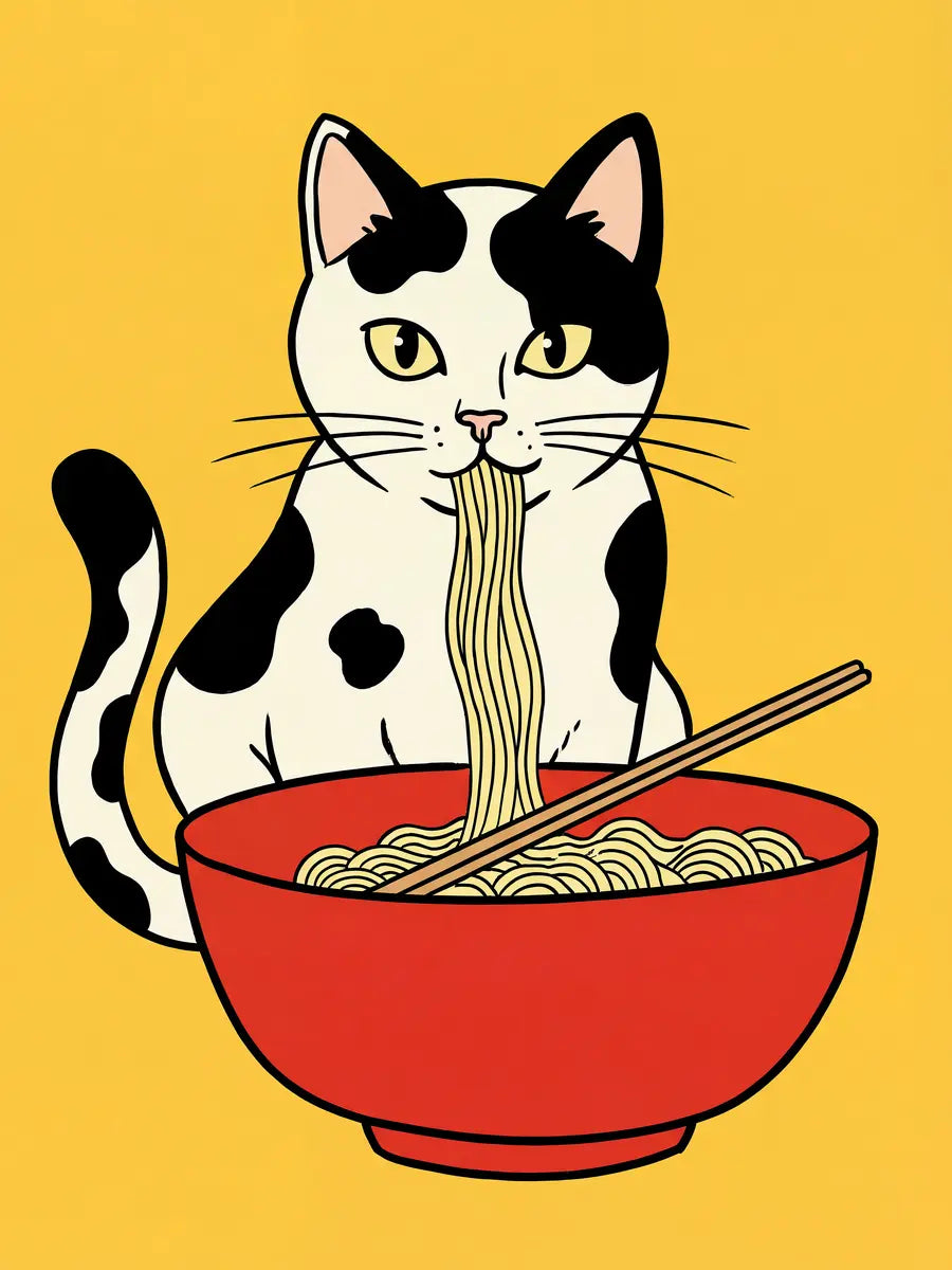 Illustration einer schwarz-weißen Katze, die Nudeln aus einer roten Schüssel isst, vor einem gelben Hintergrund.