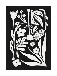 Schwarz-weißes Poster mit Blumenmotiven auf schwarzem Hintergrund.