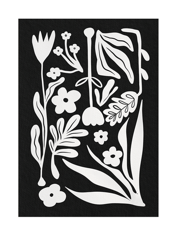 Schwarz-weißes Poster mit Blumenmotiven auf schwarzem Hintergrund.