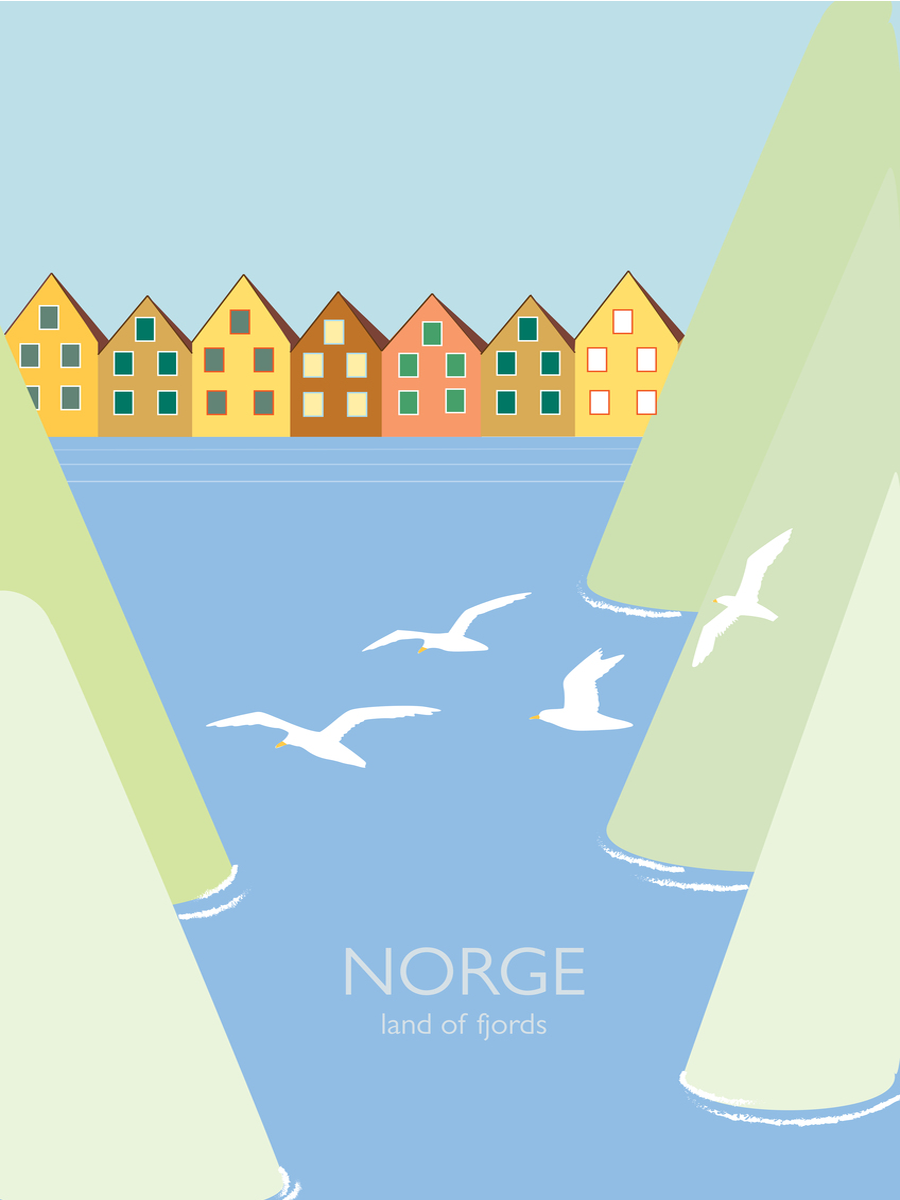 Grafische Illustration von Norwegens Fjorden mit bunten Häusern und Möwen.