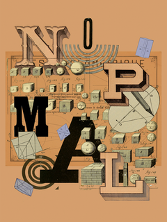 Grafisches Poster mit geometrischen Formen und Buchstaben auf braunem Hintergrund.