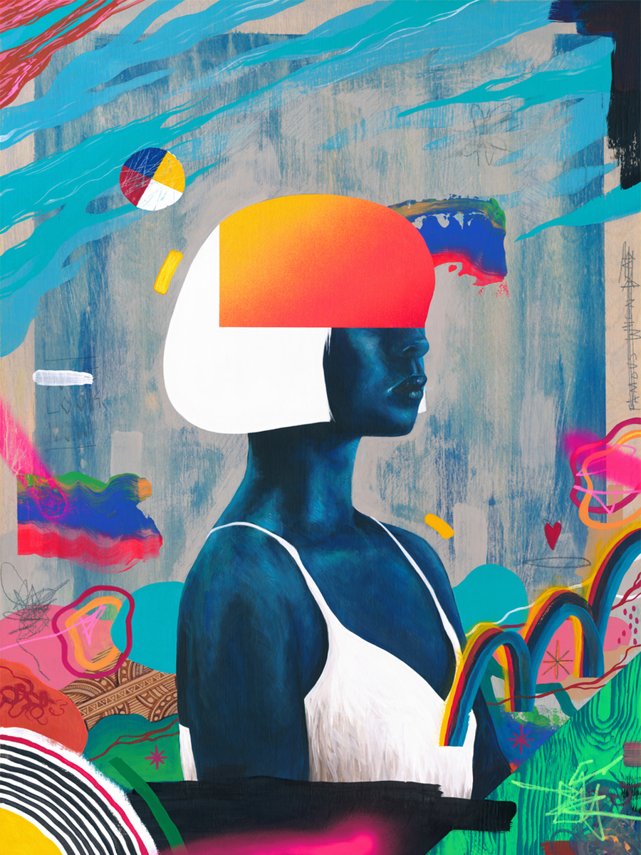 Frau in weißem Kleid mit farbenfrohem Hintergrund und abstrakten Formen.