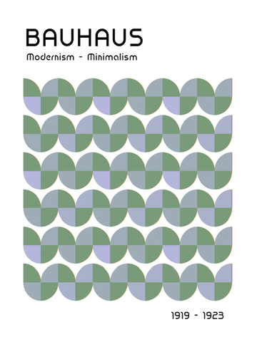 Poster mit geometrischem Muster in Grün und Lila und Text "Bauhaus Modernism - Minimalism".