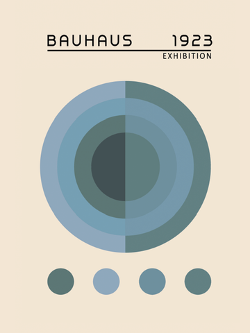 Grafisches Poster mit geometrischen Formen in Blau und Grün auf beigem Hintergrund und schwarzem Text "Bauhaus 1923 Exhibition".