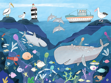 Illustration von Meereslebewesen mit Fischen, Haien, Walen, Quallen, einem Leuchtturm und einem Schiff.