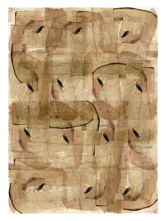 Poster mit abstrakten Formen in Braun und Beige, überlappende Collage mit dunklen Blättern.