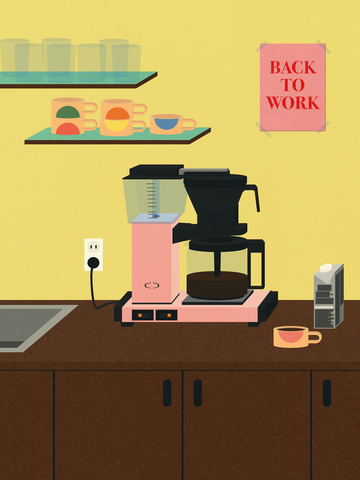 Illustration einer Kaffeestation in einem Büro mit rosa Kaffeemaschine, Tasse, Milchbehälter und einem "Back to work"-Poster.