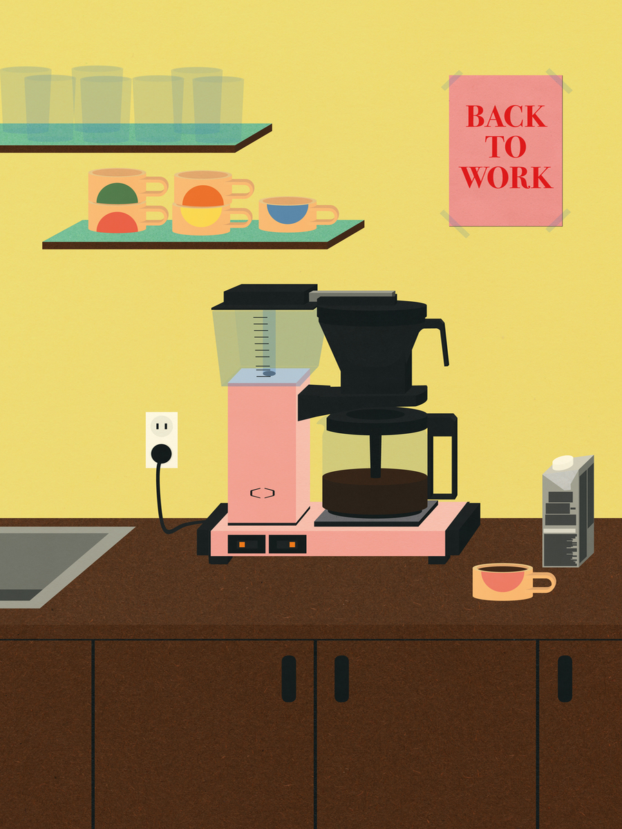 Illustration einer Kaffeestation in einem Büro mit rosa Kaffeemaschine, Tasse, Milchbehälter und einem "Back to work"-Poster.