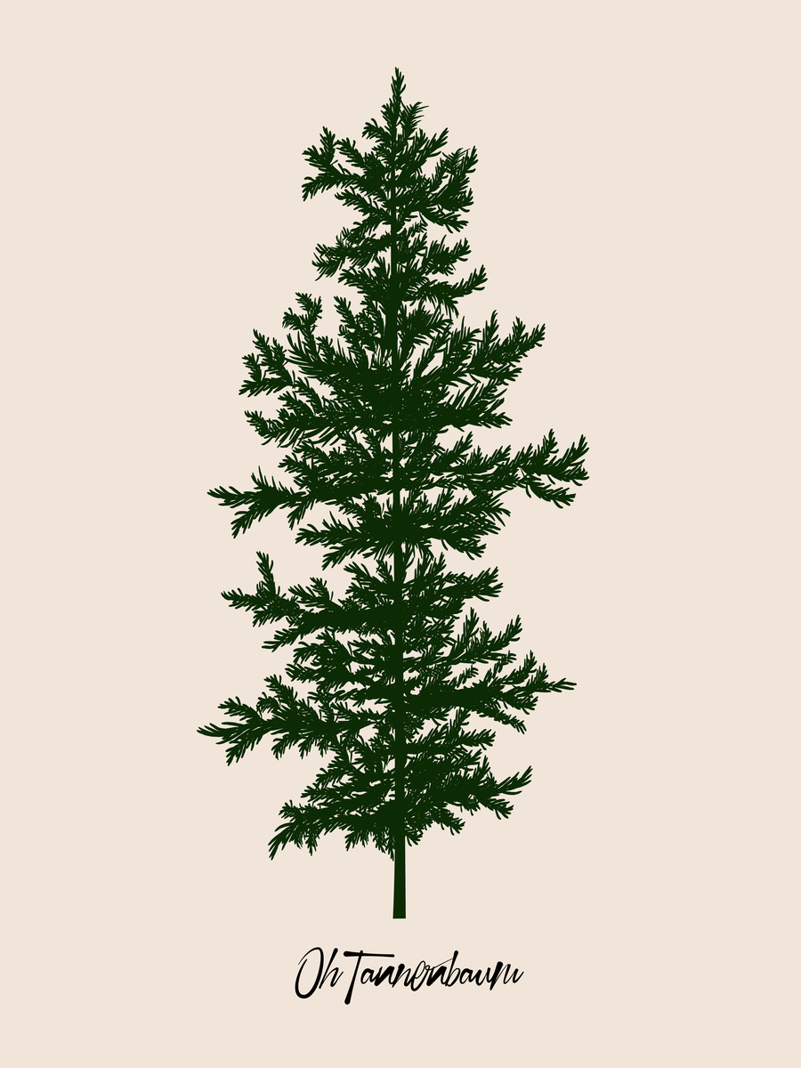 Illustration eines grünen Weihnachtsbaums mit dem Text "Oh Tannenbaum" auf beigem Hintergrund.