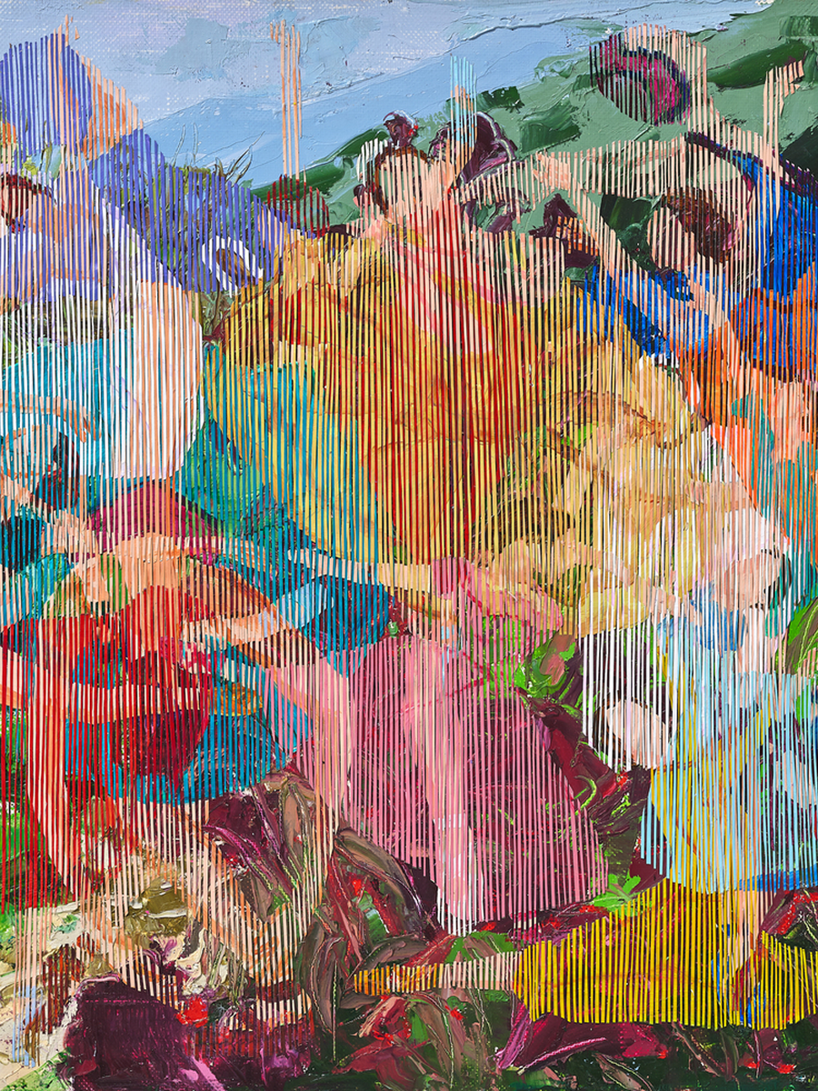 Abstraktes Ölgemälde mit vielen leuchtenden Farben und einzigartiger Struktur.