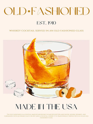 Illustration eines Old Fashioned Cocktails mit Eiswürfeln und Orangenschale auf hellbeigem Hintergrund.