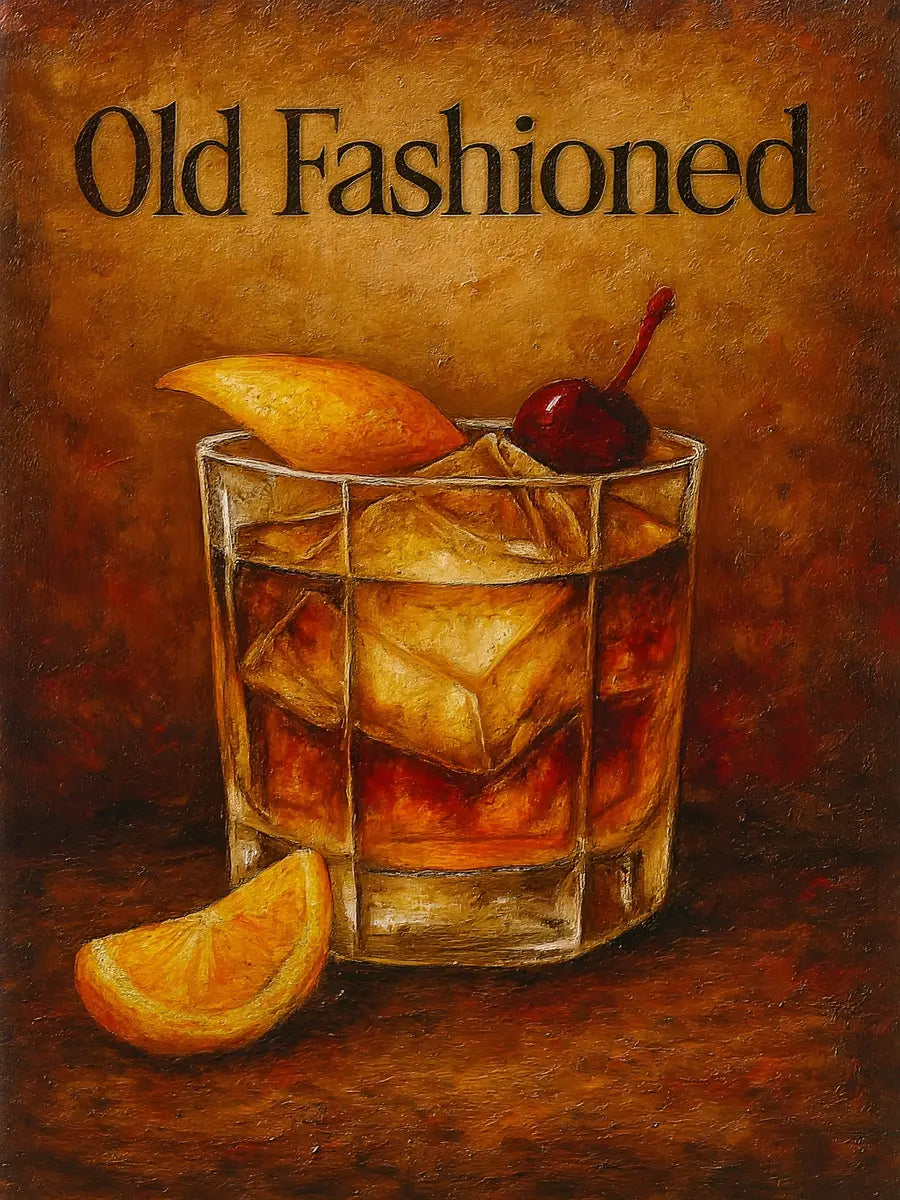 Ein Old Fashioned Cocktail in einem Glas mit Eis, Orangenscheibe und Kirsche, in warmen Tönen.