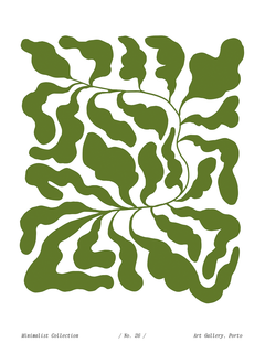 Grafische Illustration mit abstrakten Blättern in Olivgrün auf weißem Hintergrund.