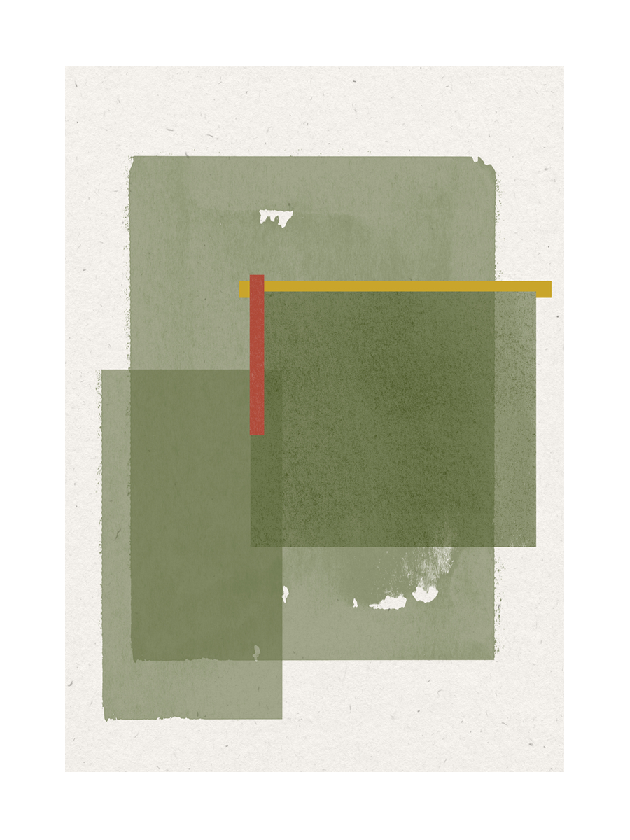 Abstrakte Grafik mit grünen Quadraten und kleinen roten und gelben Rechtecken auf weißem Hintergrund.
