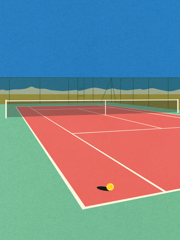 Illustration eines Tennisplatzes mit rotem und grünem Boden, einem gelben Tennisball und blauem Himmel.