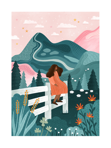 Illustration einer Frau in einem rot gestreiften Kleid auf einem weißen Zaun, umgeben von Blumen, Bäumen und Bergen.