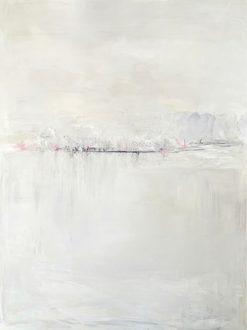 Malerei einer Winterlandschaft mit einem See und Bäumen in hellen Farben.