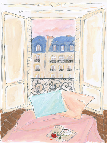 Illustration eines offenen Fensters mit Blick auf ein Gebäude mit blauer Dachterrasse und einem Bett mit Kissen.