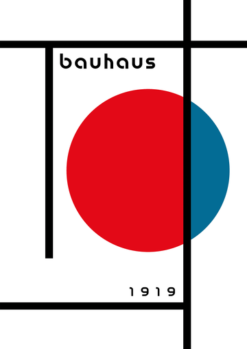 Grafik mit roten und blauen Kreisen und schwarzen Linien auf weißem Hintergrund, mit dem Text Bauhaus 1919.