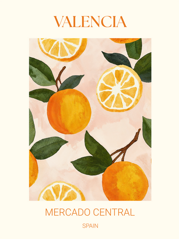 Poster mit Orangen und Orangenscheiben vor einem rosa Hintergrund und dem Text "Valencia Mercado Central Spain".