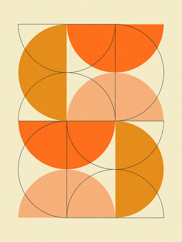 Grafik mit orangefarbenen Halbkreisen und Kreisen auf beigem Hintergrund.