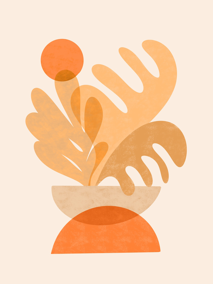 Grafische Illustration mit abstrakten Formen und Blättern in Orange auf hellem Hintergrund.