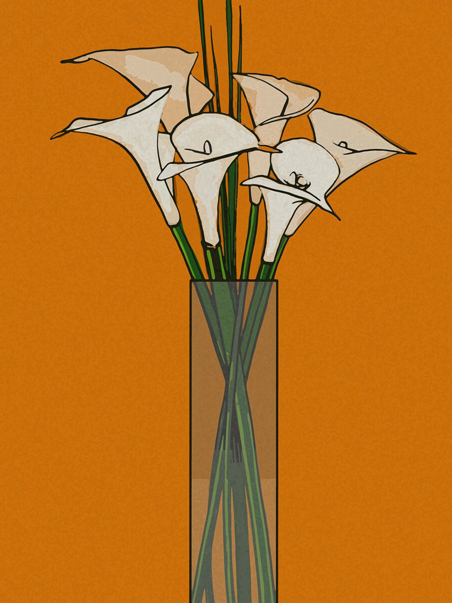 Illustration von Calla-Lilien in einer Vase vor einem orangefarbenen Hintergrund.