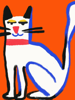 Illustration einer stilisierten Katze vor einem orangefarbenen Hintergrund.