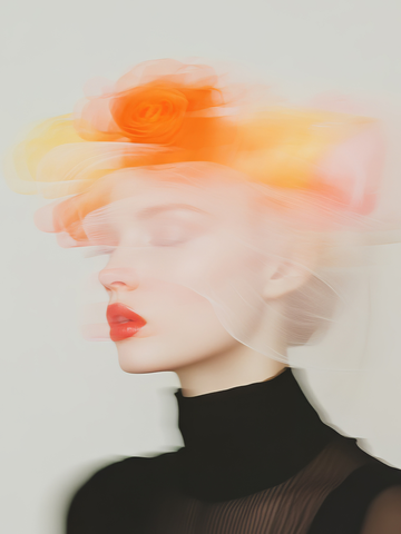 Frau mit roten Lippen und einem Hut mit orangefarbenen Blumen, verschwommene Fotografie.