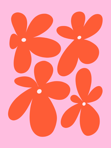 Poster mit vier orangefarbenen Blumen auf rosa Hintergrund.