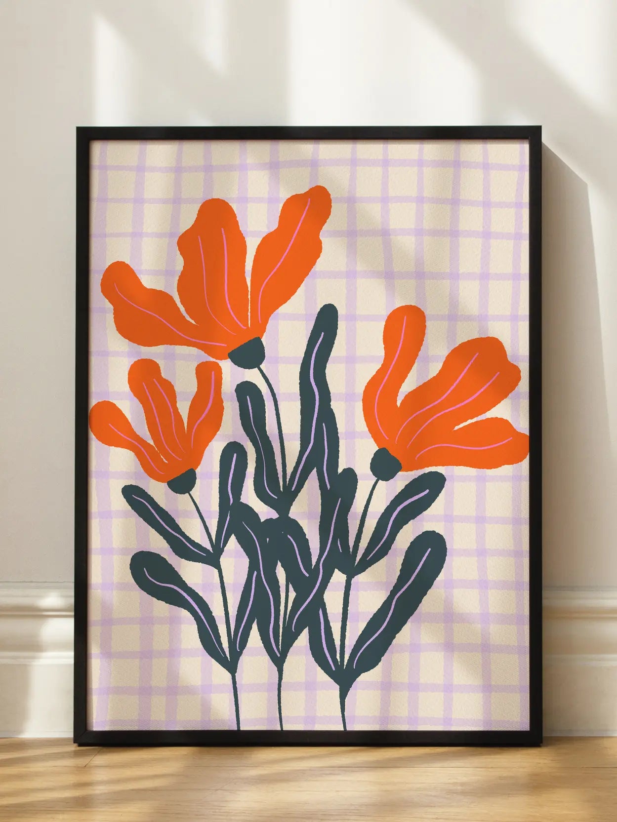 Orange Flowers Checkered Background
