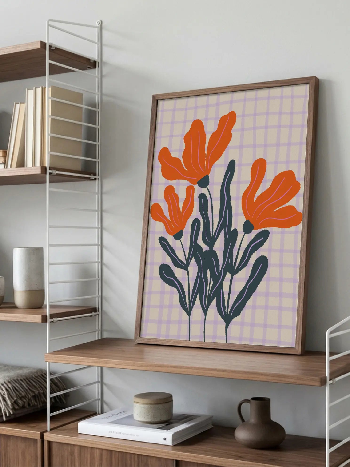 Orange Flowers Checkered Background Poster
